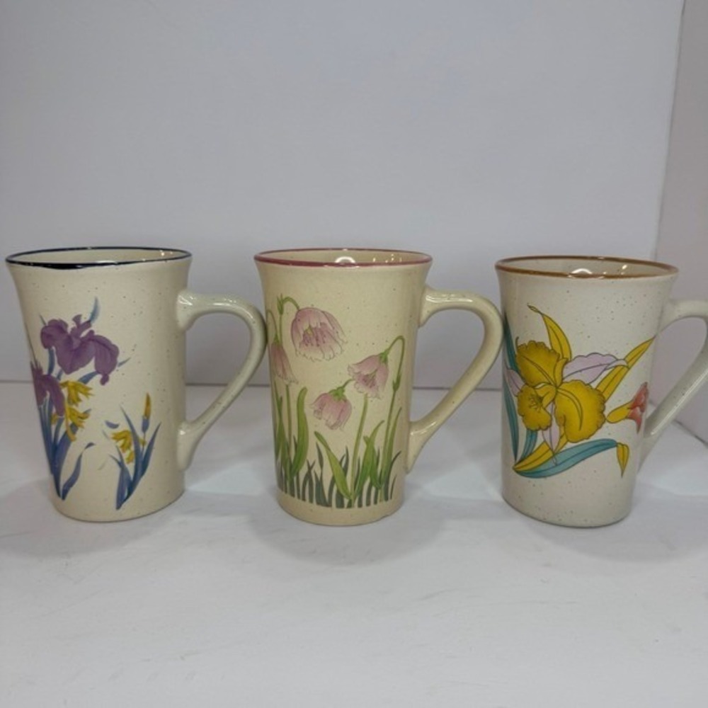 COTC Korea Stoneware Mug Set of 3 Floral Designs 4.75" Tall 10oz VTG 1960s-1970s
